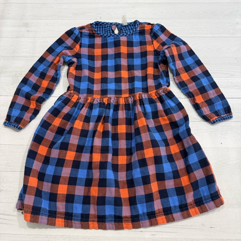 Primary girls blue orange long sleeve plaid dress size 8/9